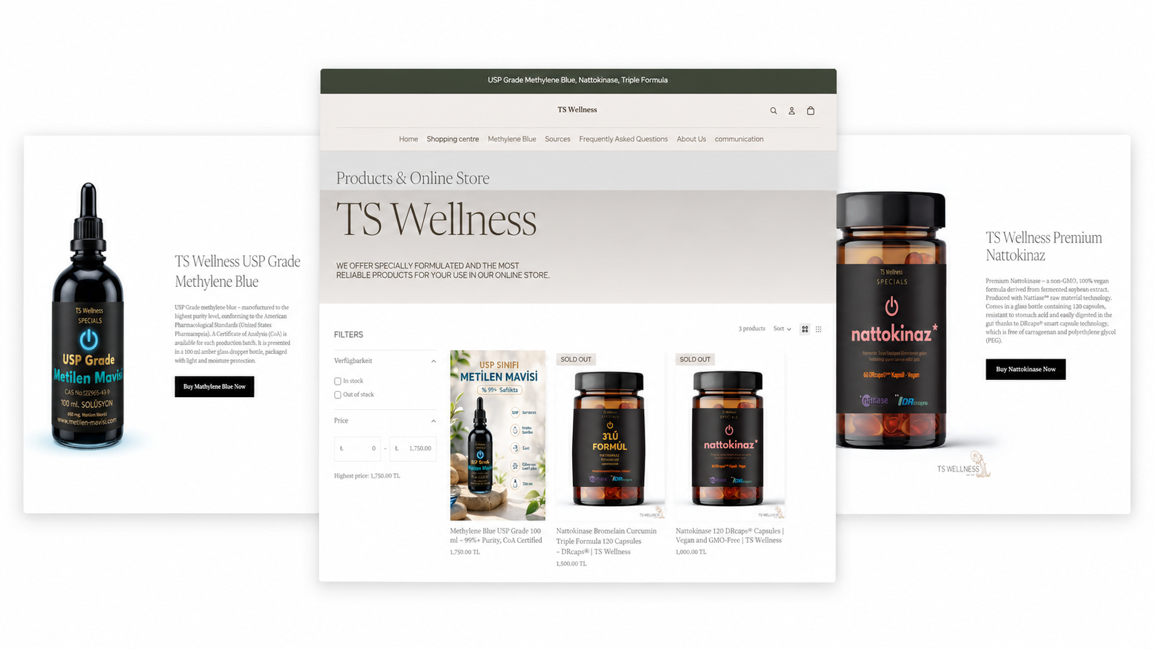 TS Wellness Nahrungsergänzung Website und Produktseiten als Mundus Sample Report Showcase